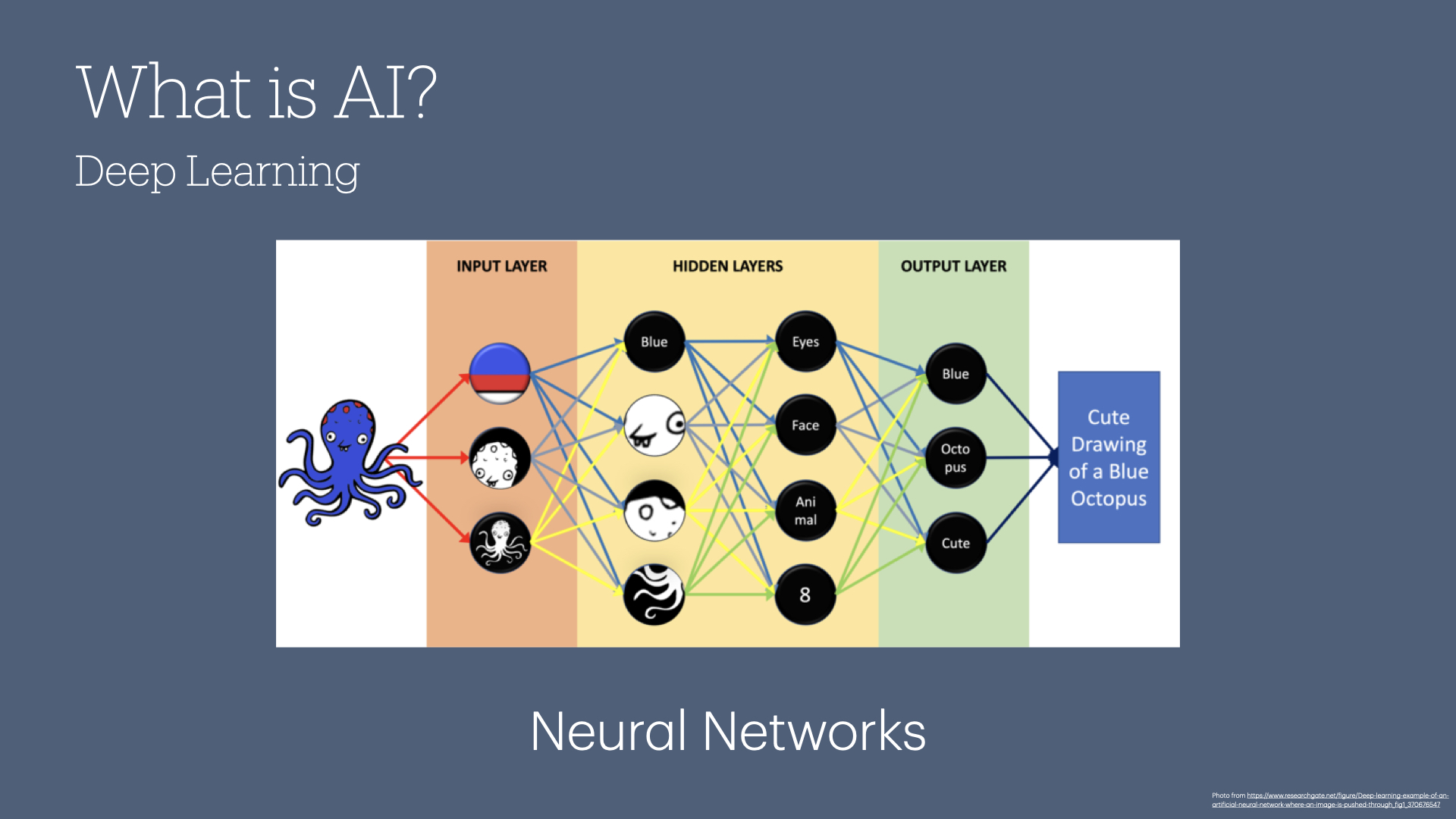 Neural networks are the form of AI that lets us pass in an image and have it tell more detailed information about it without humans expressly programming it to do so.