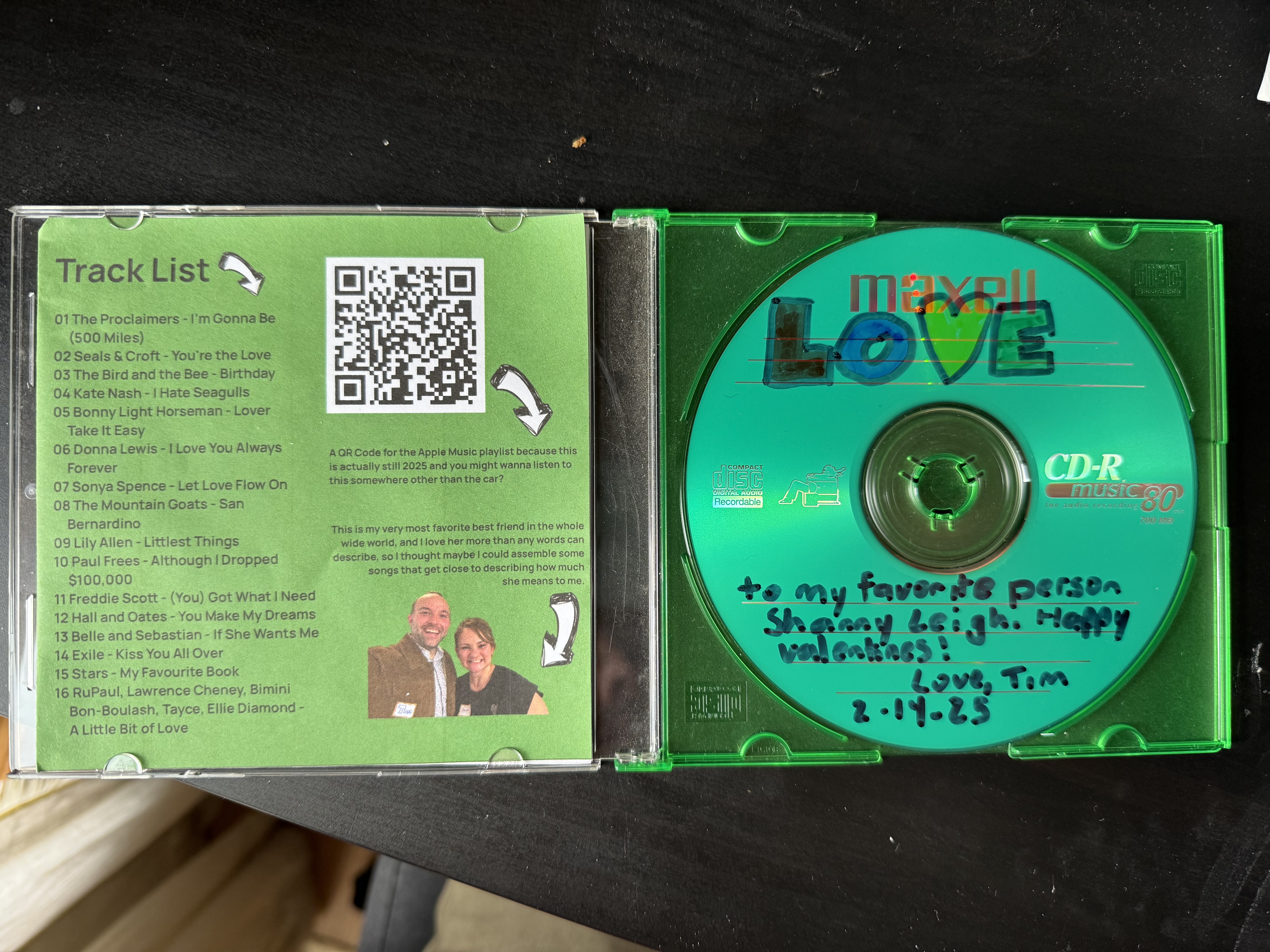 Inside the jewel case for the mix CD I made for my wife.