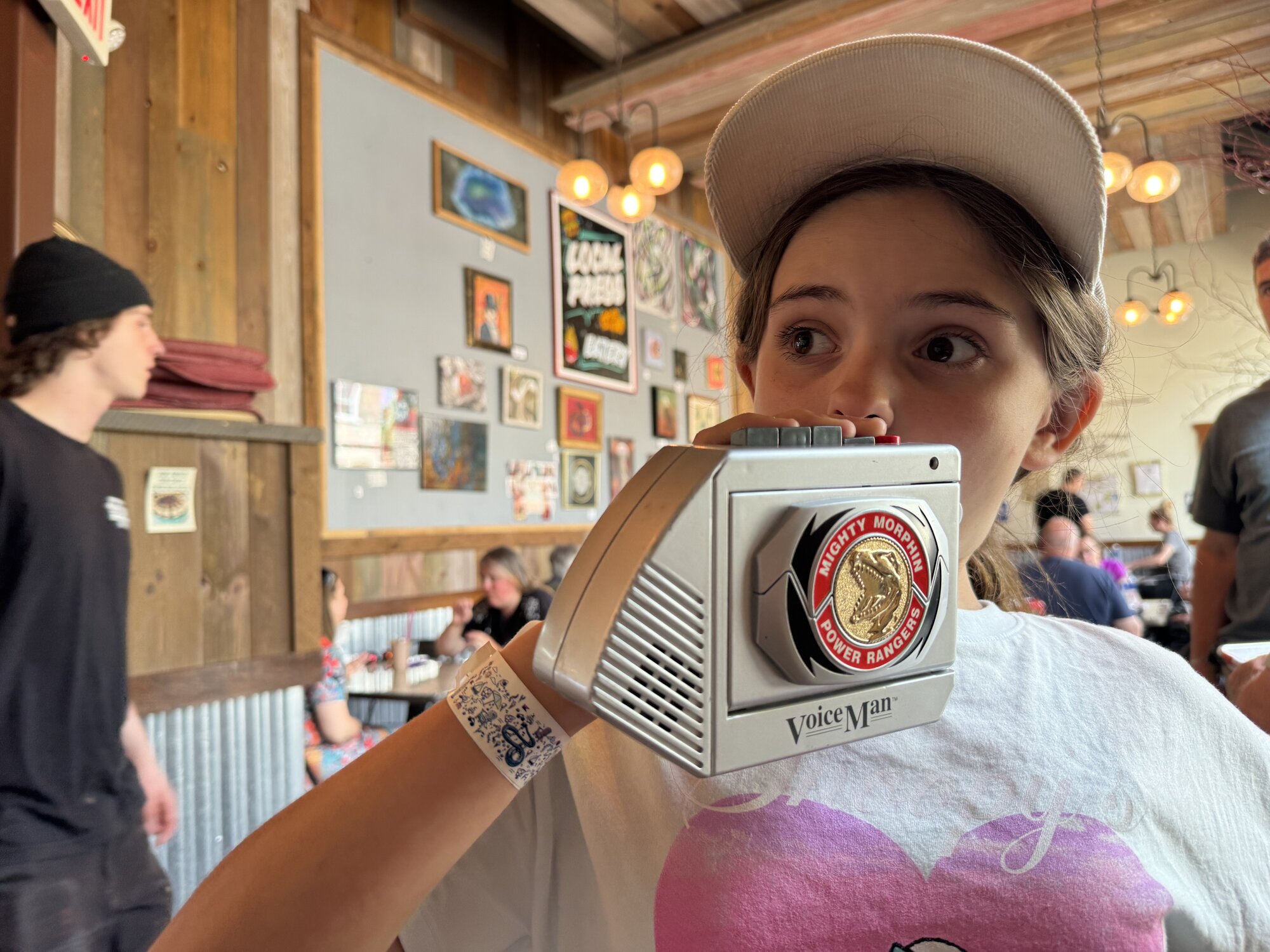 the power rangers-themed talkboy in action