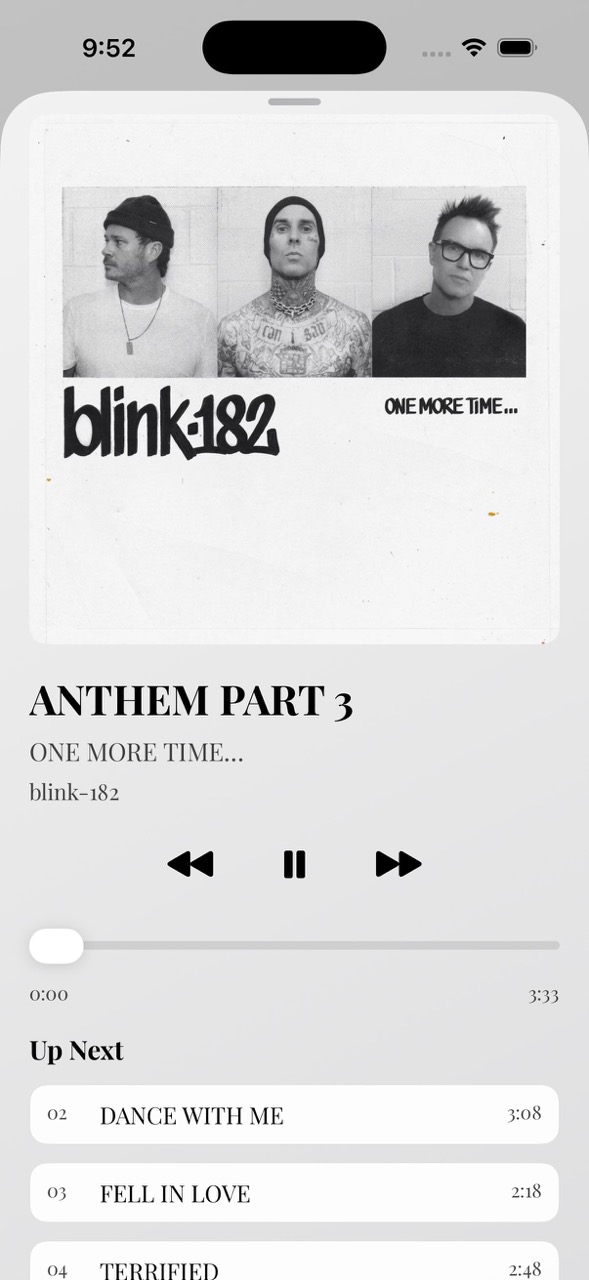 Lunara now playing screen showing a blink 182 album