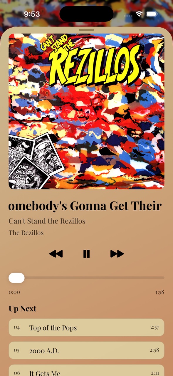 Lunara now playing screen showing a rezillos album