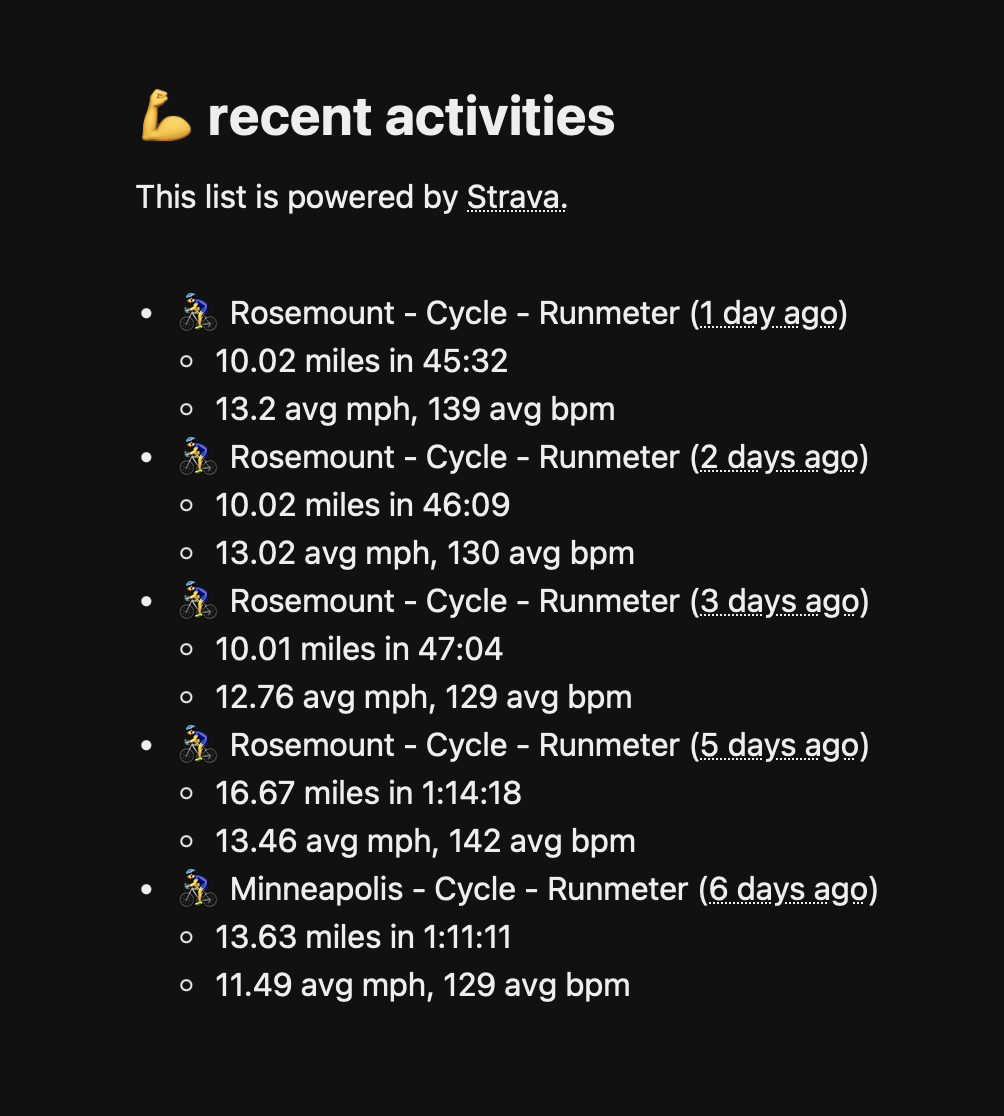 The final result: a list of my 5 most recent activities on Strava.