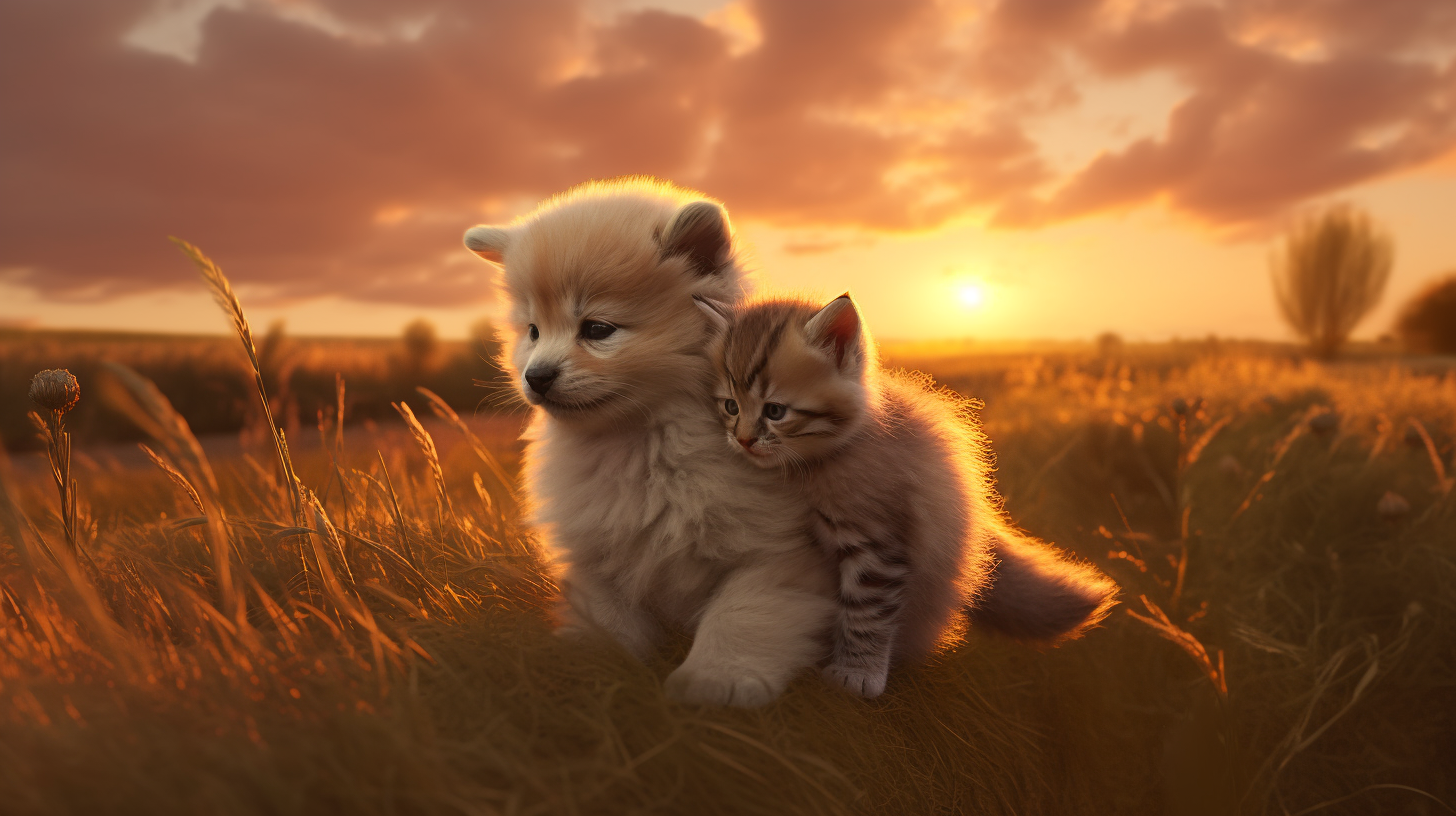 A Midjourney-created image from my daughter's prompt: a fluffy baby orange kitten with a fluffy baby puppy on its back in a grassy field with an epic sunrise in the background --ar 16:9
